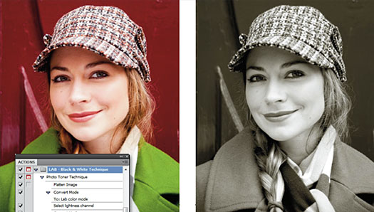 The Lab - Black & White Technique action both converts and tints color 