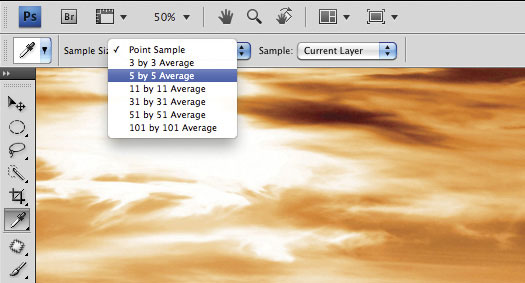 How to sample an "average" colour for a blend of the surrounding hues using the Eyedropper tool in Photoshop