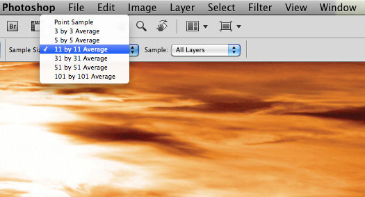 How to sample an "average" colour for a blend of the surrounding hues using the Eyedropper tool in Photoshop